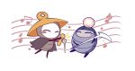 1boy 1girl ^_^ arthropod_boy arthropod_girl blush bradyclaph83904 closed_eyes hashtag-only_commentary highres holding holding_pickaxe holding_sewing_needle hollow_knight hollow_knight:_silksong musical_note myla_(hollow_knight) pickaxe sherma_(hollow_knight) white_background 