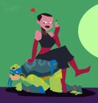 2024 2_toes 5_fingers absurd_res annoyed anthro armband black_hair black_lips black_lipstick blue_mask casey_jones cross-popping_vein digital_drawing_(artwork) digital_media_(artwork) dominant dominant_human duo feet female fingers forced forced_kiss gag gagged green_background green_body green_shell green_skin hair heart_symbol hertion1333 hi_res holding_lipstick human interspecies interspecies_domination kiss_mark kiss_mark_on_face kissing leonardo_(tmnt) lips lipstick looking_at_another looking_at_partner makeup male male/female mammal microsoft_paint_(artwork) purple_floor red_armband red_heart red_legband reptile rise_of_the_teenage_mutant_ninja_turtles scalie shadow shell short_hair signature simple_background sleeveless_topwear smile submissive submissive_anthro teenage_mutant_ninja_turtles toes turtle