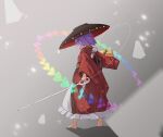  1girl barefoot bowl bowl_hat commentary from_behind full_body hat highres jager japanese_clothes kimono long_sleeves medium_hair mini_person miracle_mallet needle_sword purple_hair red_kimono solo sukuna_shinmyoumaru touhou 