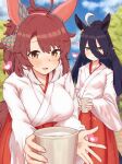  2girls absurdres ahoge alternate_costume animal_ears black_hair blue_sky blush breasts brown_eyes brown_hair checkered_ribbon closed_mouth cloud commentary_request dantsu_flame_(umamusume) ear_covers ear_ornament ear_ribbon ear_tag earrings hair_between_eyes hairband hakama hakama_skirt heart highres horse_ears horse_girl horse_tail japanese_clothes jewelry jsm_100 kimono large_breasts long_bangs long_hair long_hair_between_eyes long_sleeves looking_at_viewer manhattan_cafe_(umamusume) miko multicolored_hair multiple_girls open_mouth outdoors pink_hairband red_hakama single_earring skirt sky small_breasts smile tail tree umamusume very_long_hair white_hair white_kimono wide_sleeves yellow_eyes 