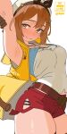  1girl arched_back arm_behind_head arm_up armpits atelier_(series) atelier_ryza atelier_ryza_1 belt blush breasts brown_hair commentary copyright_notice cowboy_shot from_side hat highres jacket large_breasts legs_together looking_at_viewer looking_to_the_side medium_hair open_clothes open_jacket red_shorts reisalin_stout shirt short_shorts shorts sleeveless sleeveless_jacket sleeveless_shirt smile solo standing straight_hair thick_thighs thighs twitter_username white_hat white_shirt xel4 yellow_eyes yellow_jacket 