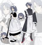  1boy 1girl absurdres alternate_costume apron black_dress black_shoes blue_eyes blue_hair broom character_doll chief_(path_to_nowhere) chinese_commentary closed_mouth commentary_request crossdressing crossdressing_(mtf) curtained_hair doll dress earrings enmaided female_chief_(path_to_nowhere) full_body grey_pantyhose high_heels highres holding holding_broom holding_tray jewelry kuailemaoamaomao^o^ long_sleeves looking_at_viewer maid maid_apron maid_headdress male_chief_(path_to_nowhere) male_maid mary_janes medium_hair pantyhose parted_bangs path_to_nowhere puffy_short_sleeves puffy_sleeves red_shoes shoes short_hair short_sleeves skirt_hold socks standing tray white_apron white_socks zoom_layer 