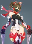  1girl armor asura_ninja breasts brown_hair commentary_request dagger dual_wielding erect_nipples face_mask green_eyes holding jamadhar large_breasts leotard looking_at_viewer mask megami_device nandz ninja ninja_mask red_scarf scarf short_hair solo twintails weapon 