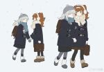  2girls bag black_coat black_pantyhose black_socks blue_scarf blush boots brown_bag brown_eyes bumian_mei chinese_commentary closed_eyes coat commentary_request earmuffs full_body gloves grey_gloves grey_hat grey_pantyhose hat headband highres holding holding_bag holding_hands leg_warmers locked_arms long_hair long_skirt looking_at_another multiple_girls multiple_views orange_hair pantyhose plaid_clothes plaid_scarf reverse:1999 scarf school_bag sidelocks skirt snow socks sonetto_(reverse:1999) swept_bangs two_side_up vertin_(reverse:1999) watermark weibo_watermark white_background white_eyes white_hair white_headband yuri 