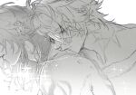  2boys absurdres astercatto closed_mouth commentary english_commentary eyelashes from_side greyscale highres honkai:_star_rail honkai_(series) male_focus medium_hair monochrome multiple_boys mydei_(honkai:_star_rail) neck_tattoo parted_lips phainon_(honkai:_star_rail) short_hair simple_background sun_symbol sun_tattoo tattoo upper_body white_background yaoi 