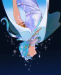  0samuse 1990s_(style) 1boy arm_cuffs bare_arms belt cloak cure_connect earrings flying green_cloak green_eyes green_hair hair_ornament hair_wings hibiki_kaito highres hologram hood hooded_cloak hoop_earrings jewelry kimi_to_idol_precure long_hair low-tied_long_hair mature_male metal_arm_cuffs multiple_earrings night night_sky precure retro_artstyle see-through_scarf sky sleeveless solo upside-down wing_hair_ornament 