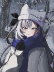  1girl absurdres alternate_costume animal_ear_headwear badge bazo_(vestia_zeta) black_gloves blue_scarf breath button_badge commentary earrings forest gloves grey_hair grey_hat grey_jacket hair_between_eyes hair_ornament hat highres hololive hololive_indonesia jacket jewelry long_hair long_sleeves looking_at_viewer nature outdoors parted_lips saltdcrmell scarf snowing solo symbol-only_commentary tree upper_body vestia_zeta virtual_youtuber 