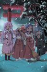  >_< 4girls absurdres ahoge black_coat blue_hair bow closed_eyes coat commentary_request crinoids duffel_coat friends glasses hair_bow highres hiiragi_kagami hiiragi_tsukasa izumi_konata japanese_clothes long_hair lucky_star miko mittens multiple_girls pink_coat pink_hair pink_mittens purple_eyes purple_hair red_bow round_eyewear short_hair siblings sisters snow takara_miyuki torii twins twintails winter 
