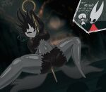 2_horns 4_fingers absurd_res anthro arachnid areola arthropod black_body blurred_background blush blush_lines breasts clitoris cloak clothed clothing dancing dialogue female fingers genitals glistening group heart_symbol hi_res hollow_knight:_silksong hollow_knight_(franchise) horn hornet_(hollow_knight) jizothewanderer lace_(hollow_knight:_silksong) mask motion_lines nipples nonbinary_(lore) partially_clothed phantom_(hollow_knight:_silksong) pole pole_dancing red_clothing spider spreading team_cherry text thick_thighs torn_clothing trio vulva weapon white_body