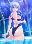  1girl ass bare_shoulders blue_eyes blue_hair blue_one-piece_swimsuit breasts commentary_request from_behind glass_ceiling gotland_(kancolle) highleg highleg_one-piece_swimsuit kantai_collection long_hair medium_breasts night night_sky one-piece_swimsuit poolside racerback ryu-akt sky solo swimsuit water wet wet_clothes wet_swimsuit 