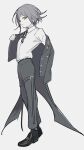  1boy belt butler buttons checkered_ribbon collared_shirt danganronpa_(series) danganronpa_v3:_killing_harmony dressing expressionless flipped_hair from_side full_body greyscale hair_between_eyes highres jacket long_sleeves looking_at_viewer male_focus monochrome muted_color neck_ribbon off_shoulder oguma_(ogm) oma_kokichi open_clothes open_jacket pants ribbon shirt short_hair simple_background solo standing thigh_belt thigh_strap white_background 