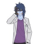  1boy bags_under_eyes black_eyes black_gloves blue_hair blue_skin coat colored_skin commentary croagunk english_commentary gloves grey_coat hand_in_own_hair kirby_otaku lab_coat looking_at_viewer male_focus medium_hair open_clothes open_coat personification pokemon purple_shirt shirt simple_background solo transparent_background upper_body yellow_eyes 