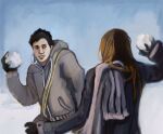  1boy 1girl black_gloves blue_jacket brown_hair cry_of_fear gloves grey_hoodie grin highres holding holding_snowball hood hood_down hoodie jacket long_hair looking_at_another mittens moonkitty08 scarf simon_henriksson smile snowball sophie_(cry_of_fear) upper_body 