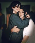  1boy 1girl arm_around_waist arms_around_neck artist_name black_hair black_nails black_sweater blurry blurry_background commentary couple earrings english_commentary eren_yeager grey_eyes hair_between_eyes hetero highres hug jewelry looking_at_viewer mikasa_ackerman multiple_earrings nail_polish parted_bangs parted_lips scar scar_on_cheek scar_on_face shingeki_no_kyojin shirt short_hair smile sumiensp sweater t-shirt upper_body white_shirt 