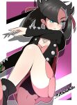 1girl asymmetrical_bangs backpack bag black_hair black_jacket black_panties border breasts cleavage commentary_request dress dusk_ball facing_to_the_side green_eyes hair_ribbon harubato highres holding holding_poke_ball jacket marnie_(pokemon) panties pantyshot parted_lips pink_dress poke_ball pokemon pokemon_swsh ribbon small_breasts solo throwing underwear white_border 