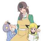  1boy 2girls :o apron black_hair blonde_hair blush_stickers book breasts brown_hair caterpie child collared_shirt commentary cowboy_shot english_commentary green_sweater grey_hair holding holding_book kangaskhan kirby_otaku long_sleeves looking_at_viewer medium_breasts multicolored_hair multiple_girls open_book open_mouth personification pichu pointy_ears pokemon red_eyes shirt simple_background skitty sweater the_cat_in_the_hat the_very_hungry_caterpillar transparent_background two-tone_hair white_shirt yellow_apron 