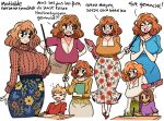  1boy 2girls absurdres blonde_hair blue_dress blue_skirt book breasts brown_hair brown_sweater cleavage closed_eyes curvy dress floral_print german_text hair_between_eyes highres holding holding_book holding_ruler jewelry large_breasts long_hair looking_at_viewer medium_hair multiple_girls murgoten necklace open_mouth orange_hair orange_shirt original pink_shirt purple_shirt red_shoes shirt shoes short_hair skirt sleeping sleeping_upright smile sweater table teaching turtleneck turtleneck_sweater white_skirt 