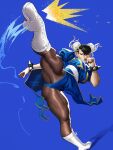  1girl artist_name black_eyes black_hair blue_background blue_dress blue_panties boots bracelet breasts brown_pantyhose bun_cover china_dress chinese_clothes chun-li commentary double_bun dress earrings english_commentary eyeshadow floating_clothes groin_tendon hair_bun highres jewelry kicking large_breasts looking_at_viewer looking_up makeup panties pantyhose pepedraws puffy_short_sleeves puffy_sleeves red_eyeshadow short_sleeves solo sphere_earrings spiked_bracelet spikes street_fighter thick_thighs thighs underwear white_boots 