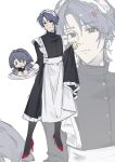  1boy absurdres anger_vein apron black_dress blue_hair chief_(path_to_nowhere) chinese_commentary closed_mouth commentary_request crossdressing crossdressing_(mtf) curtained_hair dress female_chief_(path_to_nowhere) full_body grey_pantyhose high_heels highres holding holding_tray kuailemaoamaomao^o^ long_sleeves looking_at_viewer maid maid_apron maid_headdress male_chief_(path_to_nowhere) male_maid pantyhose parted_bangs path_to_nowhere red_shoes shoes short_hair skirt_hold tray white_apron zoom_layer 