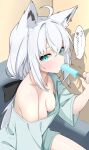  1girl absurdres animal_ear_fluff animal_ears aqua_eyes aqua_shirt breasts commentary_request food food_in_mouth fox_ears fox_girl hair_between_eyes highres holding holding_food holding_popsicle hololive johnny_0716 long_hair low-tied_long_hair medium_breasts no_bra no_pants popsicle popsicle_in_mouth shirakami_fubuki shirt single_bare_shoulder solo translation_request white_hair 