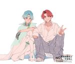  2boys aoi_tete black_gloves boots cloak closed_mouth collarbone cure_connect denim earrings forehead_jewel freckles gloves green_cloak green_hair hair_ornament half_gloves hand_on_own_knee hibiki_kaito highres hood hooded_cloak hoop_earrings jeans jewelry kimi_to_idol_precure kneeling long_hair long_sleeves low-tied_long_hair mature_male multiple_boys multiple_earrings neck pants parted_bangs precure red_hair sakuma_daisuke shirt shoes short_hair sleeveless sneakers snow_man_(jpop) spread_legs twitter_username v voice_actor watermark white_background white_shirt wing_hair_ornament 