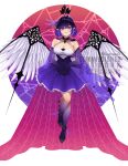  1girl absurdres animal black_shoes breasts bug cleavage colored_extremities commentary commission crown detached_collar dress english_commentary extra_eyes eyes_on_wings feathered_wings floating floating_crown full_body highres indie_virtual_youtuber kuraedo large_breasts looking_at_viewer parted_lips pointy_ears purple_dress purple_hair red_eyes shoes short_hair smile solo spider spidershii_(vtuber) strappy_heels swept_bangs vgen_commission virtual_youtuber wings 
