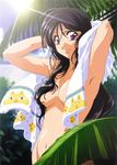  90s ahoge animal_print armpits arms_behind_head black_hair breasts cat cat_print cloud convenient_censoring day hair_censor hair_over_one_breast highres kobayakawa_miyuki leaf long_hair looking_at_viewer medium_breasts nakajima_atsuko navel nude outdoors palm_tree print_towel purple_eyes sky smile solo towel tree water white_towel you're_under_arrest 