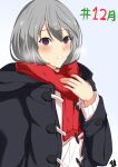  1girl absurdres arm_at_side artist_name assault_lily black_jacket blue_background blush breath commentary_request december grey_hair hair_between_eyes hand_up hashtag hata_matsuri highres hood hood_down hooded_jacket jacket long_sleeves looking_at_viewer open_clothes open_jacket parted_lips purple_eyes red_scarf scarf senri_(senri03151221) short_hair solo sweater translated upper_body white_sweater winter_clothes 