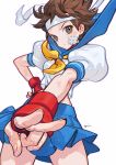  1girl bandaid bandaid_on_cheek bandaid_on_face blue_sailor_collar blue_skirt brown_eyes brown_hair commentary etama_quomo fingerless_gloves frown gloves hand_on_own_hip headband kasugano_sakura looking_at_viewer midriff neckerchief red_gloves sailor_collar school_uniform serafuku shirt short_hair signature simple_background skirt solo street_fighter v white_background white_headband white_shirt yellow_neckerchief 