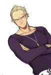  1boy :/ belt belt_buckle blonde_hair blue_eyes buckle closed_mouth collarbone crew_neck crossed_arms dutch_angle ear_piercing earrings hair_slicked_back highres jewelry long_sleeves male_focus multiple_earrings necklace persona persona_4 piercing ponta_(aka_7280) scar scar_on_face scar_on_forehead short_hair simple_background solo tatsumi_kanji unfinished white_background 