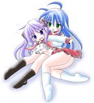  2girls :p ass black_legwear black_socks blue_eyes blue_hair blush breast_grab breasts footwear grabbing hiiragi_kagami imai_kazunari izumi_konata kagami_hiiragi konata_izumi long_hair lucky_star multiple_girls purple_hair school_uniform socks tongue tongue_out twintails white_legwear white_socks yuri 