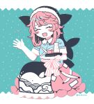  1girl :d animal_print apron blue_apron blue_shirt blush_stickers breasts closed_eyes commentary_request cross-laced_clothes cup fish_print frilled_apron frilled_sleeves frills full_body holding holding_tray limited_palette mozukuzu_(manukedori) okunoda_miyoi pink_hair pink_skirt sash shirt short_hair short_sleeves skirt small_breasts smile solo squatting touhou tray waving whale_hat whale_print 