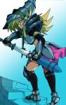  1girl absurdres armor armored_shoes black_gloves black_sleeves black_socks blonde_hair breastplate commentary crop_top dark_magician_girl dark_magician_girl_the_dragon_knight drawing_sword duel_monster english_commentary fingerless_gloves from_behind from_side full_body gloves green_eyes helmet highres holding holding_sheath holding_sword holding_weapon knee_pads kneehighs long_hair long_sleeves on_stairs pauldrons phrygian_helmet pink_skirt profile sheath shoulder_armor skirt socks stairs sword unsheathing v-shaped_eyebrows weapon woogleboy yu-gi-oh! 