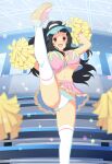  1girl :d ayame_(senran_kagura) bleachers breasts brown_hair cheering cheerleader cleavage confetti crop_top frilled_panties frills game_cg hair_ribbon high_kick high_ponytail holding holding_pom_poms kicking large_breasts long_hair looking_at_viewer midriff miniskirt navel official_alternate_costume official_alternate_hairstyle official_art open_mouth panties pantyshot pom_pom_(cheerleading) ponytail red_eyes red_ribbon ribbon senran_kagura senran_kagura_new_wave shoes skirt smile sneakers solo underboob underwear visor_cap white_panties 