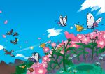  absurdres artist_request bird blue_flower blue_sky buneary butterfree caterpie closed_eyes cloud combee combee_(female) combee_(male) day flower flying gracidea green_eyes hedgehog highres holding looking_up mountain mountainous_horizon official_art outdoors petals pink_flower pokemon pokemon_(creature) pokemon_dppt pokemon_platinum red_eyes shaymin shaymin_(sky) sky staravia starly third-party_source tree yellow_flower 