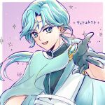  1boy bare_arms belt black_gloves brooch buttons cloak cure_connect diamond_(shape) diamond_button earrings forehead_jewel gloves green_cloak green_eyes green_hair half_gloves hibiki_kaito hood hooded_cloak hoop hoop_earrings jewelry kimi_to_idol_precure kojiro39 long_hair looking_at_viewer low-tied_long_hair mature_male multiple_earrings parted_bangs pink_background precure reaching reaching_towards_viewer signature sleeveless solo upper_body 