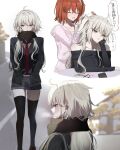  2girls ahoge black_jacket black_scarf black_skirt collared_shirt commentary_request fate/grand_order fate_(series) fujimaru_ritsuka_(female) highres jacket jeanne_d'arc_alter_(fate) long_hair long_sleeves multiple_girls necktie official_alternate_costume quiro16 red_necktie scarf school_uniform shirt skirt white_shirt wing_collar yellow_eyes 