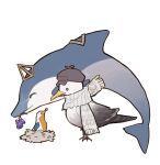  37_(reverse:1999) animal_focus animalization bird bird_nest dolphin flutterpage food fruit grapes grey_hat hashtag-only_commentary hat highres marcus_(reverse:1999) mouth_hold newsboy_cap no_humans reverse:1999 scarf seagull sp0i0ppp white_scarf 