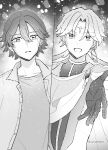 2boys absurdres blurry bokeh brooch buttons cardigan cloak collarbone crying crying_with_eyes_open cure_connect depth_of_field diamond_(shape) diamond_button earrings forehead_jewel gloves greyscale hair_between_eyes hair_ornament half_gloves half_updo hibiki_kaito highres hood hooded_cloak hoop_earrings jacket jewelry kazuma_(precure) kimi_to_idol_precure long_hair long_sleeves male_focus monochrome multiple_boys multiple_earrings parted_bangs precure reaching reaching_towards_another shirt sleeveless soraiawano teardrop tearing_up tears twitter_username upper_body wing_hair_ornament 