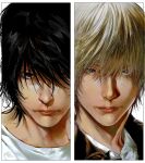  2boys absurdres bags_under_eyes black_hair border brown_hair brown_jacket closed_mouth collared_shirt death_note hair_between_eyes highres jacket l_(death_note) male_focus messy_hair multiple_boys no_eyebrows realistic ruttika_shin shirt short_hair upper_body white_background white_border white_shirt yagami_light 