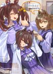  3girls :3 absurdres agnes_tachyon_(umamusume) ahoge animal_ears artist_name bow bowtie braid brown_hair chemical_structure closed_eyes coat commentary_request ear_ornament earrings hair_between_eyes hair_ornament hairclip half_up_half_down_braid highres hishi_akebono_(umamusume) horse_ears horse_girl index_finger_raised jewelry jungle_pocket_(umamusume) lab_coat long_sleeves multiple_earrings multiple_girls nose_bubble notched_ear one_eye_closed open_clothes open_coat open_mouth parted_lips pleated_skirt purple_sailor_collar purple_shirt purple_skirt red_eyes rinka_(tonariuta) sailor_collar school_uniform shirt short_hair signature single_earring skirt sleeping sleeves_past_fingers sleeves_past_wrists smile sweatdrop sweep_tosho_(umamusume) teeth thumbs_up tracen_school_uniform twintails twitter_username umamusume upper_teeth_only waist_bow watermark white_bow white_bowtie white_coat yellow_eyes 