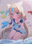  1girl :< absurdres ahoge animal_ear_fluff animal_ears beach bikini bikini_under_clothes blonde_hair blue_bikini blue_eyes blue_sailor_collar blue_scrunchie blue_streaks blunt_bangs blush claw_pose collarbone commentary crab dress fins fish_girl fish_tail frilled_bikini frilled_sailor_collar frills highres indie_virtual_youtuber lifebuoy_hair_ornament long_hair low_twintails midriff multicolored_hair navel one_side_up paper_boat riku_pam sailor_collar sailor_dress sameko_saba sameko_saba_(1st_costume) scrunchie seashell shell shorts sitting streaked_hair striped_bikini striped_clothes swimsuit symbol-only_commentary tail thighs twintails very_long_hair virtual_youtuber wariza white_dress white_shorts wrist_scrunchie 