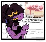anthro arm_markings artist_name brown_hair cake caseoh cheesecake clothing deltarune dessert electronics fantasizing female food hair hair_over_eyes headphones low_res markings mik3hawk open_mouth parody purple_body reptile round_context_6370 scalie sharp_teeth shirt simple_background solo susie_(deltarune) tank_top teeth text tied_hair topwear undertale_(series) yellow_eyes yellow_teeth