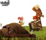  1girl 2boys ankle_boots archived_source arm_behind_head bear belt black_boots bleeding blonde_hair blood boots bow_(weapon) broken broken_bottle broken_sword broken_weapon brown_bear brown_belt brown_boots brown_fur brown_gloves brown_hood brown_robe brown_sleeves brown_tunic child closed_eyes commentary_request copyright_name death drawstring dress drooling english_text fingerless_gloves gloves grass holding holding_bow_(weapon) holding_sword holding_weapon hood hood_down hooded_robe knee_boots korean_commentary korean_text logo long_sleeves looking_at_another mabinogi mari_gwydion mark_under_eye multiple_boys nexon open_mouth pants pink_hair ponytail ran_system red_eyes robe ruairi saliva scar sharp_teeth short_hair short_sleeves sidelocks simple_background sitting sword tarlach teeth tongue tongue_out torn_clothes torn_sleeves tunic v-shaped_eyebrows weapon web_address white_pants wide_sleeves yellow_dress yellow_sleeves 