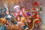  1other 3boys 3girls adelbert_steiner alcohol amarant_coral armor bar_(place) bar_counter barrel beer_mug black_hair blonde_hair blue_skin bottle chef_hat colored_skin commentary_request cup dated drinking eiko_carol final_fantasy final_fantasy_ix food freya_crescent garnet_til_alexandros_xvii gloves grey_hair grin hat hat_feather helmet horns laughing monkey_tail mouse_tail mug multiple_boys multiple_girls parfait purple_hair quina_quen rangetsu_yukka red_hair signature single_horn smile strawberry_parfait sword sword_on_back tail tongue tongue_out vivi_ornitier weapon weapon_on_back whiskey wizard_hat zidane_tribal 