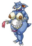  animal_ears apron bittenhard blue_skin breasts choker claws curvy duster furry garters gen_1_pokemon green_eyes horns huge_breasts maid mature naked_apron naughty_face nidoqueen nipples plump pokemon pokemon_(creature) pussy simple_background smile solo standing tail uncensored waist_apron 