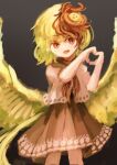  1girl animal_on_head baby_animal bird bird_on_head bird_tail bird_wings blonde_hair chick commentary feathered_wings garakuraku heart heart_hands highres looking_at_viewer multicolored_hair niwatari_kutaka on_head open_mouth orange_eyes orange_skirt red_hair shirt skirt smile solo tail touhou two-tone_hair white_shirt wings yellow_wings 