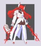  1girl animal_ear_fluff animal_ears boots breasts coat collar commentary dark_skin dual_wielding english_commentary eudetenis eyepatch full_body gloves highres holding holding_sword holding_weapon leotard long_coat long_hair looking_at_viewer medium_breasts original rapier red_hair solo strapless strapless_leotard sword tail thigh_boots very_dark_skin weapon white_boots white_coat white_collar white_gloves white_leotard yellow_eyes 