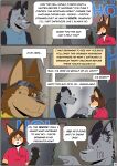 absurd_res ambiguous_species annoyed anthro black_body black_fur brown_body brown_fur brown_hair canid canine canis card chair clothing collared_shirt comic dark_matter_(li'l_melon) dialogue dot_eyes ear_tuft english_text facial_scar female ferrx flight_goggles fox fur furniture gesture grey_body grey_fur hair half-closed_eyes hand_gesture hi_res inside li'l_melon looking_at_another looking_away male mammal mohawk narration narrowed_eyes page_number pointing polo_shirt reception_desk receptionist scar scarf shirt simple_eyes speech_bubble strays_in_paradise tank_top text topwear tuft wolf
