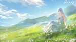  1girl alternate_costume bare_arms blue_hair blue_sky closed_mouth cloud commentary_request daisy_(flower) dress field floating_hair flower grass hair_flower hair_ornament halo highres liv:_limpidity_(pgr) liv_(pgr) long_hair looking_at_viewer meadow mountain official_art petals punishing:_gray_raven red_eyes scenery sitting sky smile solo very_long_hair white_dress white_flower white_halo 